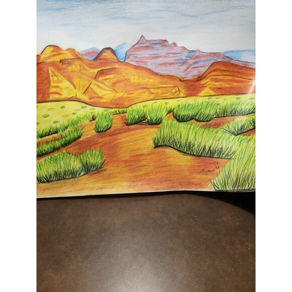 Hand Crafted Dessert Mountain Landscape Colored Pencil Drawing Framed 9x11" - Picture 12 of 16